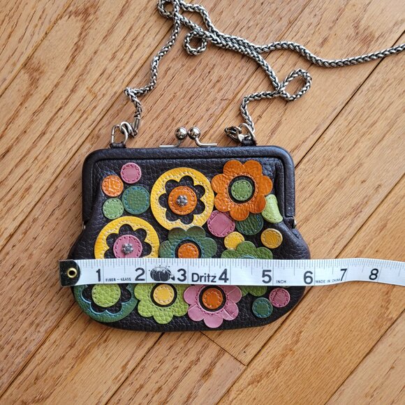 Brighton Brown Coin Purse Kiss Lock Leather Flower Appliqué Chain Strap - Picture 10 of 12